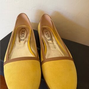 Tod's Yellow Suede Flats with Brown Leather Trim